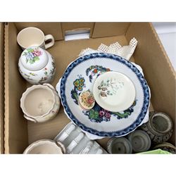 Collection of ceramics to include Bretby jardinière, Royal Worcester, Palissy, Royal Doulton Dickens Ware, Carlton ware, 19th century small dish painted with roses and foliate decoration, lustre, Poole etc in two boxes