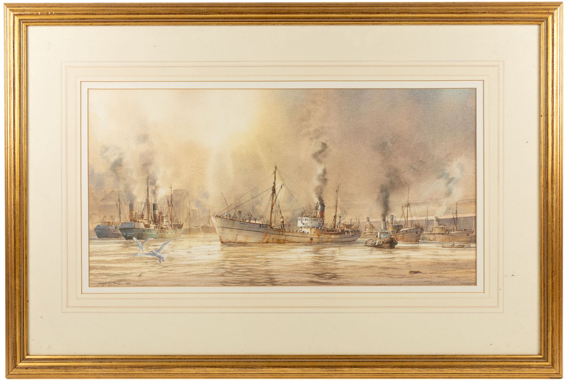 David C Bell (British 1950-): Hull Trawler Junella H.399, watercolour signed and dated 1996, 34cm x 67cm