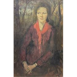 Margaret Parker (Northern British 1925-2012): Portrait of a Woman in a Red Dress at the edge of a Forest, oil on canvas signed and dated '73, 90cm x 60cm