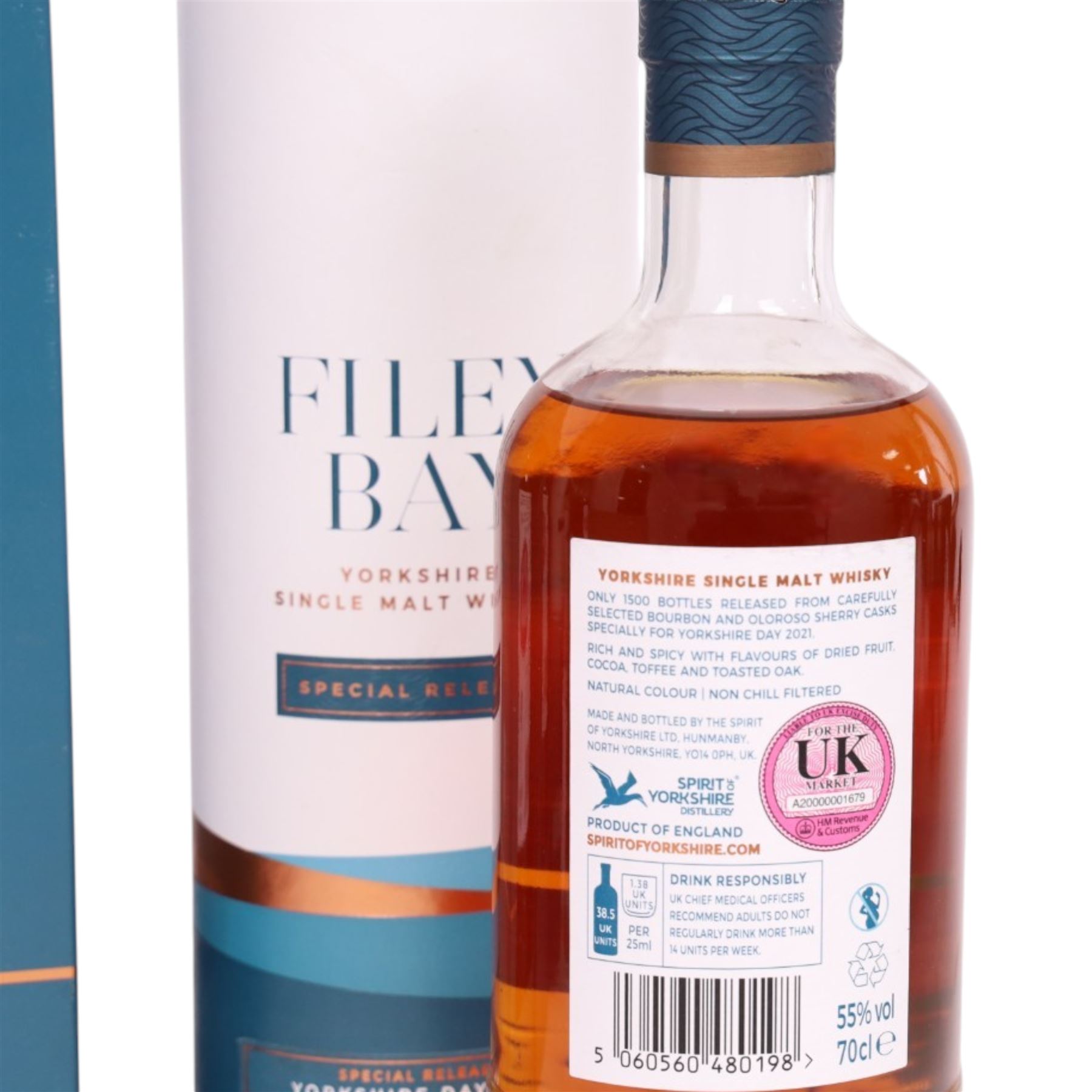Sprit of Yorkshire Distillery, Filey Bay Special Release Yorkshire Day single malt whisky, 70cl 55% vol, for the years 2021, 2022 and two bottles 2024