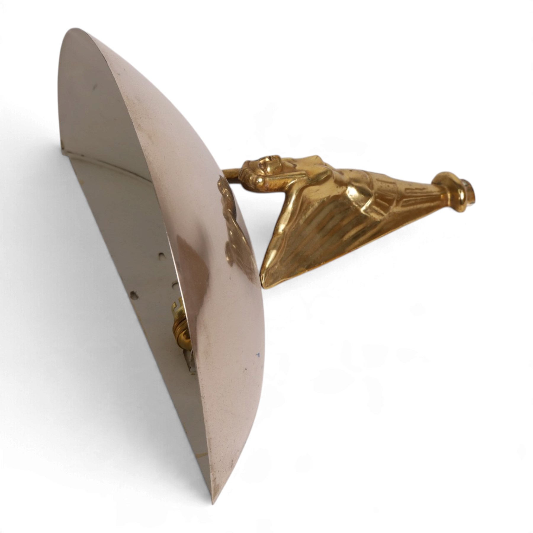 Pair of Art Deco gilt-brass wall lights, circa 1930, each modelled as a stylised female figure with outstretched drapery supporting a demi-lune mirrored reflector, H35cm