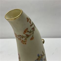 Royal Worcester tusk jug, blush ivory ground, with floral design, stamped 1116 to the base,, together with pair figures of a young boy and girl in the style on Kate Greenaway 