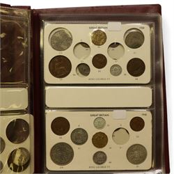 Mostly Great British coins, including various pre 1920 silver three pence pieces, pre 1947 silver sixpences and one shillings, pre-decimal coinage, commemorative crowns, unofficial year sets and part sets etc, housed in eight folders