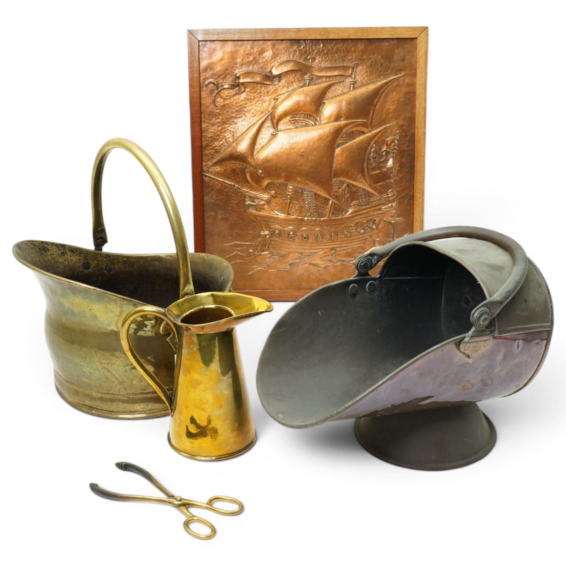 Arts and Crafts Newlyn style copper panel with repousse decoration of a sailing ship 46cm x 39cm, frames, 19th century copper coal helmet, brass coal helmet and brass jug