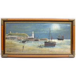 Robert Sheader (British 20th century): Fishing Boats on the Foreshore Scarborough by Moonlight,  oil on board signed 35cm x 75cm