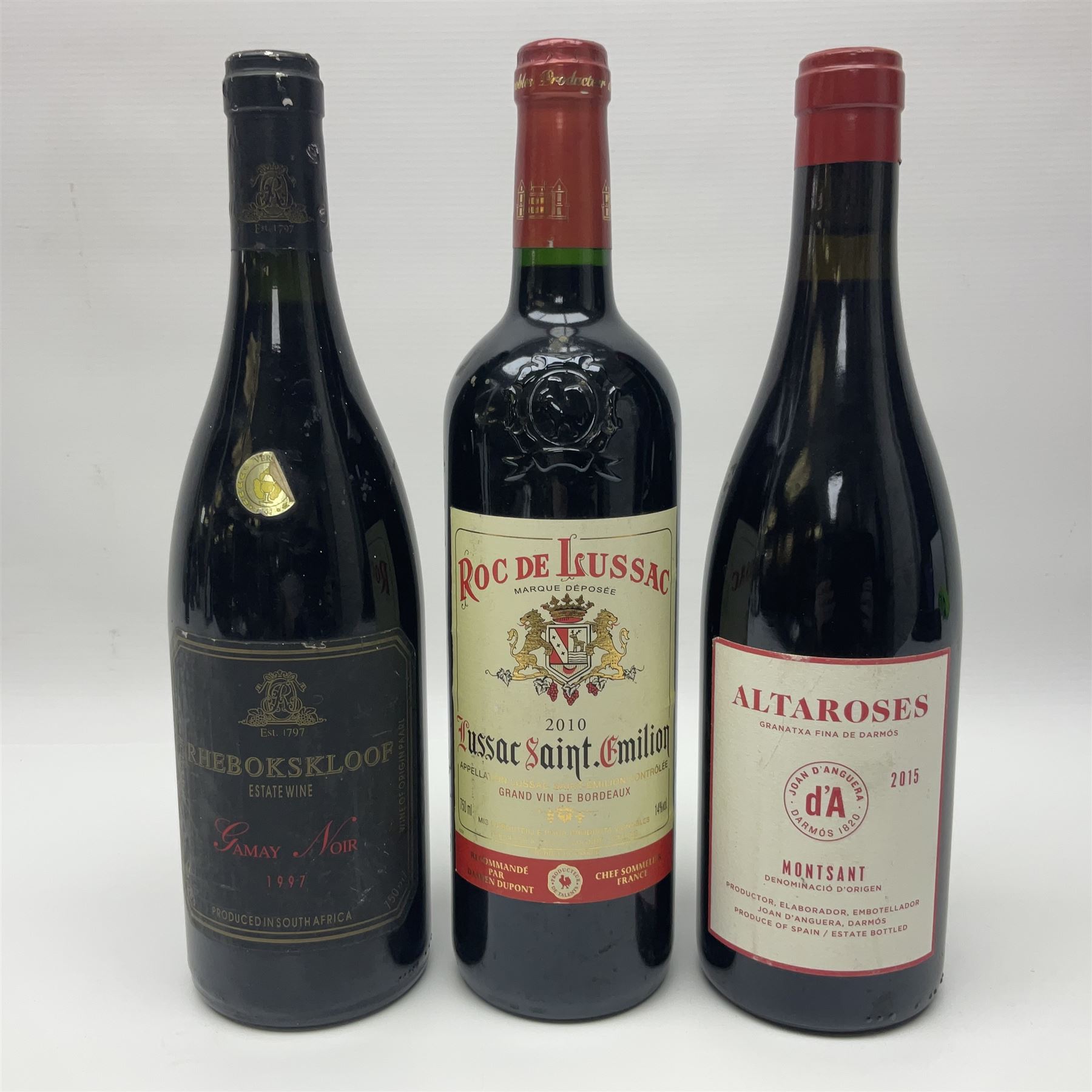 Mixed wine, comprising two bottles Les Jamelles 2009 Reserve Mourvedre, 750ml 13.5% vol, Joan d'Anguera 2015 Altaroses, 75cl 14% vol, Roc de Lussac 2010, Lussac-Saint-Emilion, 750ml, 14% vol and Rhebokskloof, 1997 Gamay Noir, 750ml, 13.5% vol (5)