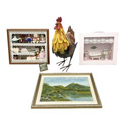 Painted metal ornament chicken, together with two diorama one modeled as a bathroom and a framed oil on canvas signed N Vallance  