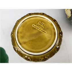 Wedgwood majolica comport, moulded with basket weave and foliage decoration, together with Imperial & Bonn and Sylvac jardinières, sylvac H18cm