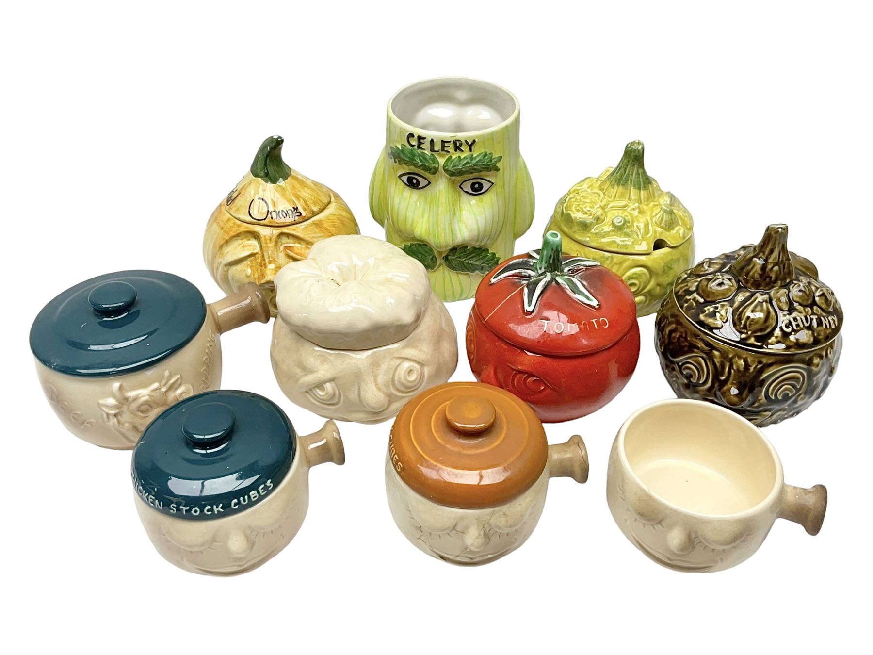 Collection of mostly Sylvac kitchen storage jar face pots, including piccalilli, chutney, tomato and bread sauce, tallest H15.5cm