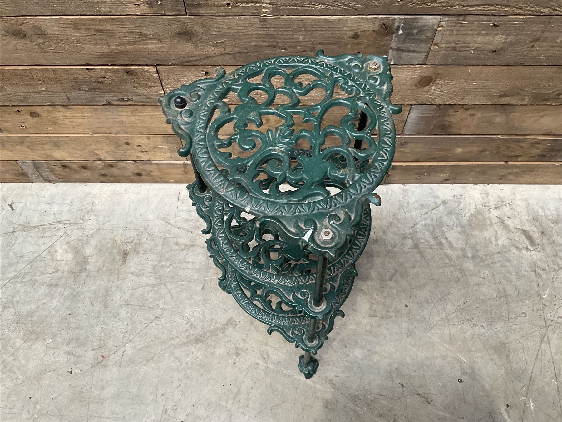 3 cauldron set pots with 2 terracotta chimney pots, 1 terracotta crock, metal bucket and small cast iron shelf 