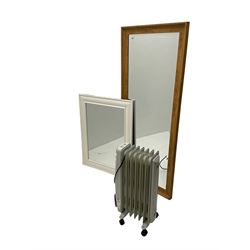 Hardwood framed wall mirror with bevelled plate; and small white painted framed wall mirror; and carved and painted framed wall mirror 