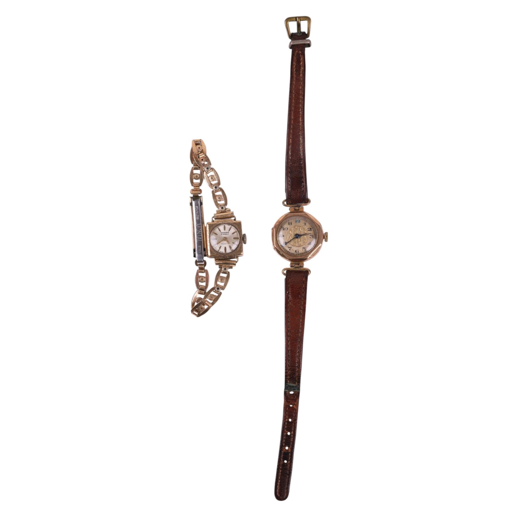 Two 9ct gold cased ladies wristwatches, comprising Excalibur on a gilt metal strap and one on a leather strap