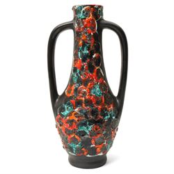 Mid-century twin-handled fat lava vase, H45cm 