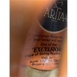 Artia Excelsior for Boosey & Hawkes violin for completion with 35.5cm two-piece maple back and ribs and spruce top, bears label, lacking tailpiece, chinrest, bridge and one tuning peg, 59cm overall, in hard carrying case with bow