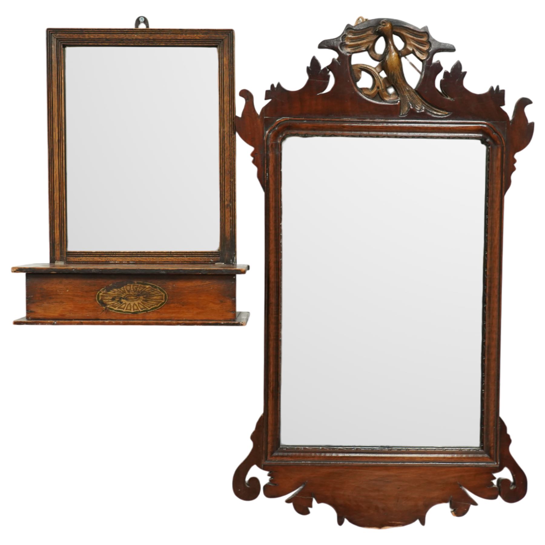 Set of two Georgian mirrors - Toilet mirror with drawer, Fret Mahogany design wall mirror, with hoho bird motif, (2) Wall mirror 74x34cm, Toilet Mirror 44x22cm 