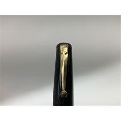 Vintage Swan Mabie Todd lever fill fountain pen in coral red, the nib a/f marked 14K, together with two further vintage Swan Mabie Todd fountain pens, the first example with lever fill, the other leverless, each with black body, one with nib marked 14ct, (3) 