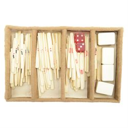 20th century Chinese Mahjong set, with five trays containing bone counters and tiles, contained within a leather bound travelling case with embossed detailing