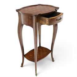 Small French inlaid marquetry and parquetry occasional table or bedside, the shaped top with raised moulded edge and chequered inlay top with crossbanding, fitted with single frieze drawer with gilt-metal handle, raised on cabriole supports united by undertier