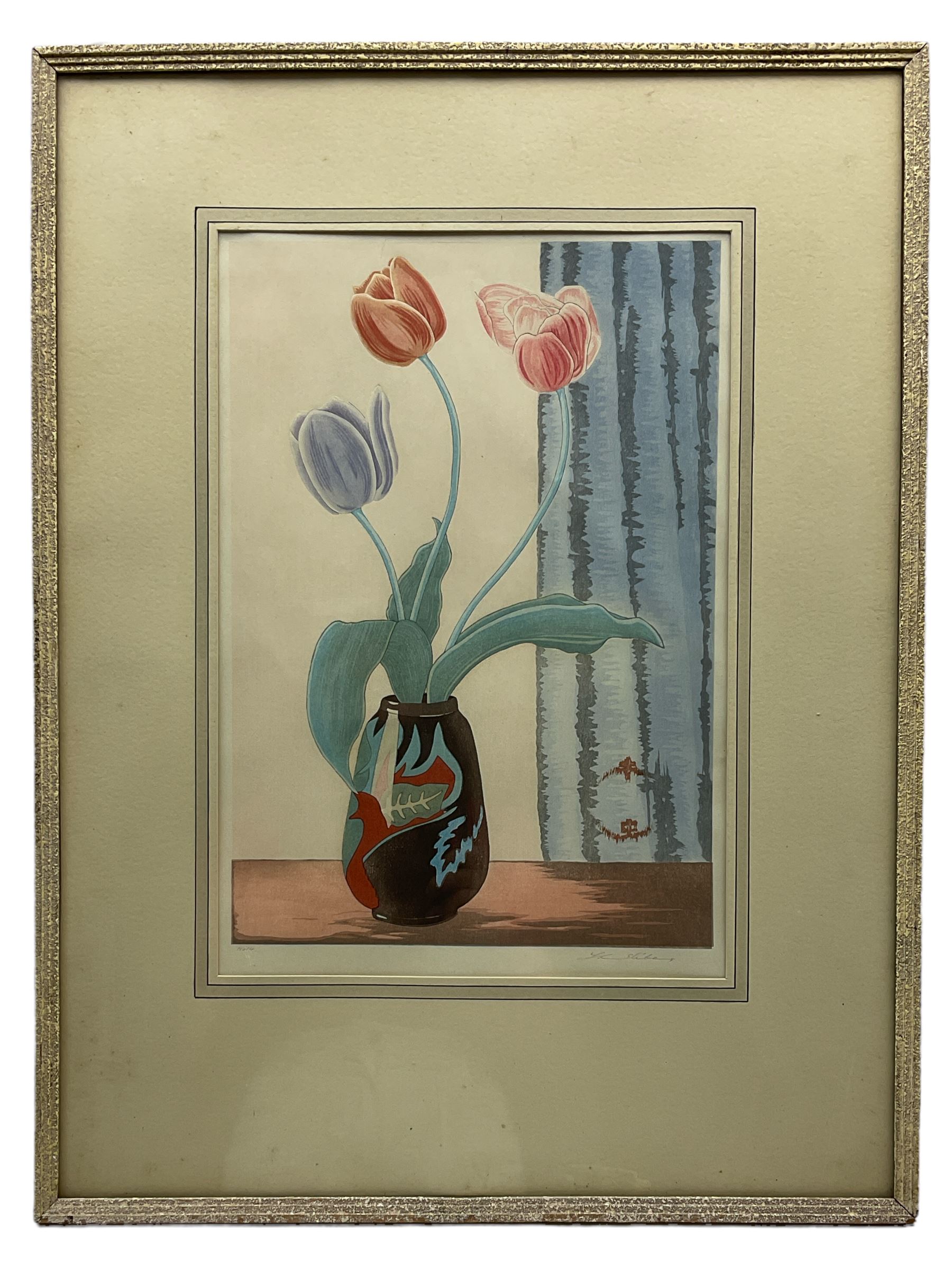 Yoshijiro (Mokuchu) Urushibara (Japanese 1888-1953): 'Tulips', original proof woodblock print signed and numbered No14 in pencil, original title label verso 40cm x 27.5cm