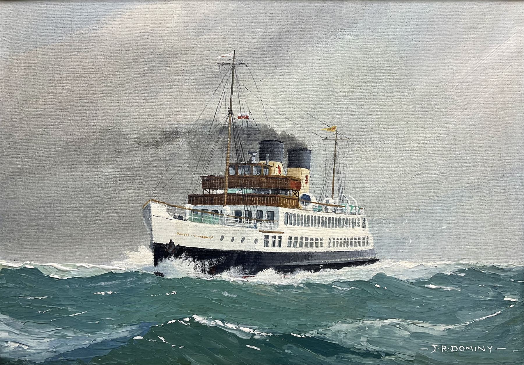 John Rohan Dominy (British 1926-): 'Caledonian Steam Packet Co TSS Duchess of Hamilton', oil on board signed, inscribed and dated 1972 verso 24cm x 34cm