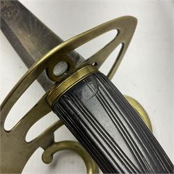 Late 18th century sword, the Spanish 79.5cm curving fullered blade engraved with the Royal Cypher, battle trophies and 'Viva Espania' banner, French Sabre de Mineur brass three-bar hilt with ebonised reeded grip L93.5cm overall (no scabbard)