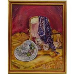  'Study in Nostalgia', 20th century oil on board signed and dated '87 by Patricia Thompson, titled on Royal Academy Summer Exhibition 1988 verso 50cm x 39.5cm  