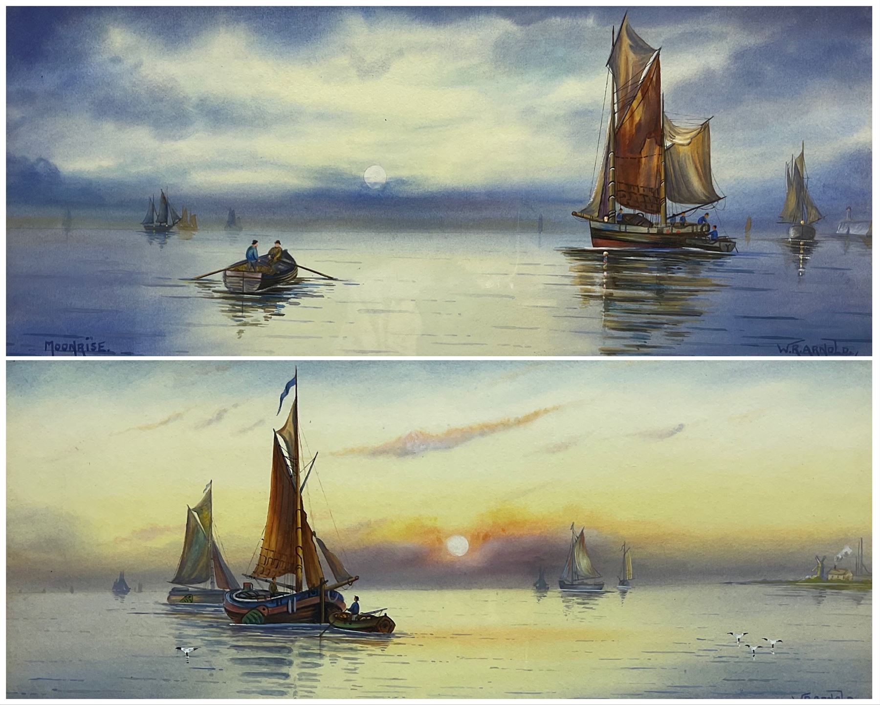W R Arnold (British early 20th century): 'Moonrise' and 'A Golden Eve', pair watercolours signed and dated 1916, 20cm x 48cm (2)