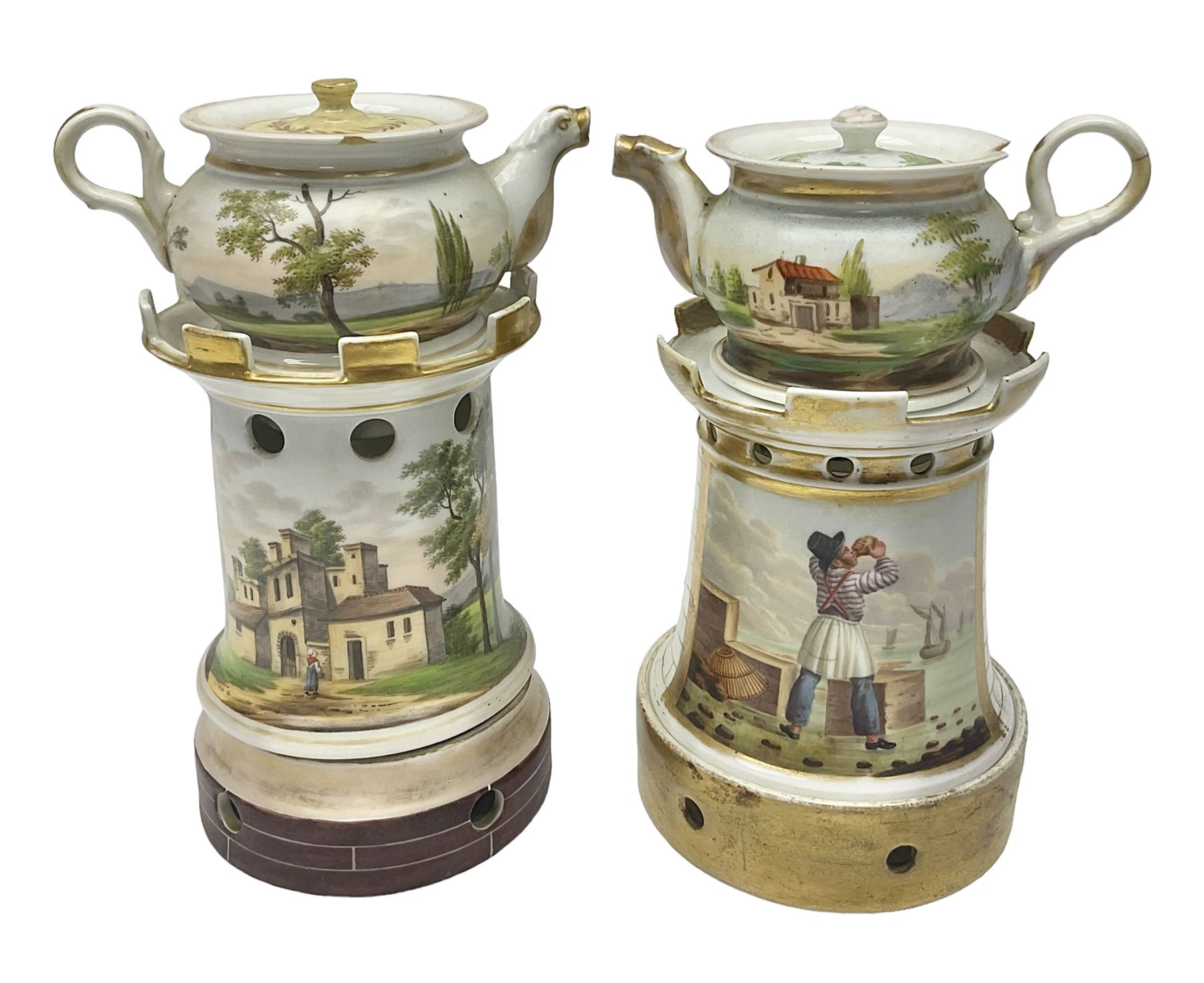Two 19th century continental teapots and warmers, each teapot upon a cylindrical warming base, hand printed with landscapes and seascapes, largest H22cm