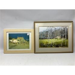 M R Dunham (British 20th century): Rural Cottage Landscape, watercolour signed and dated '98 together with acrylic still life of flowers, a print after Van Gogh's Yellow House and three other pictures max 33cm x 46cm (6)