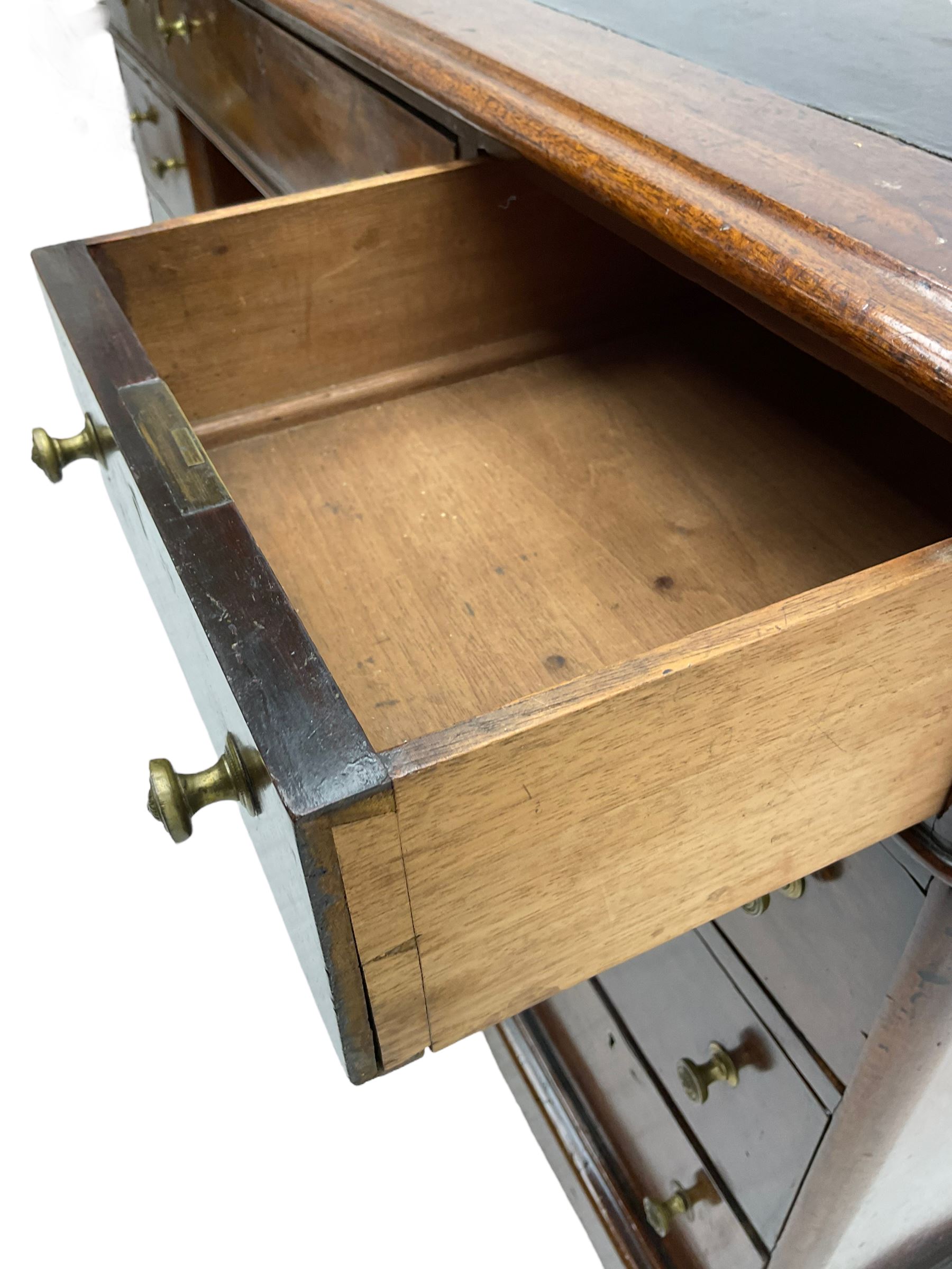 Victorian mahogany twin pedestal desk, rectangular top with inset ebonised leather writing surface, fitted with nine graduating drawers with brass pull handles, on plinth bases