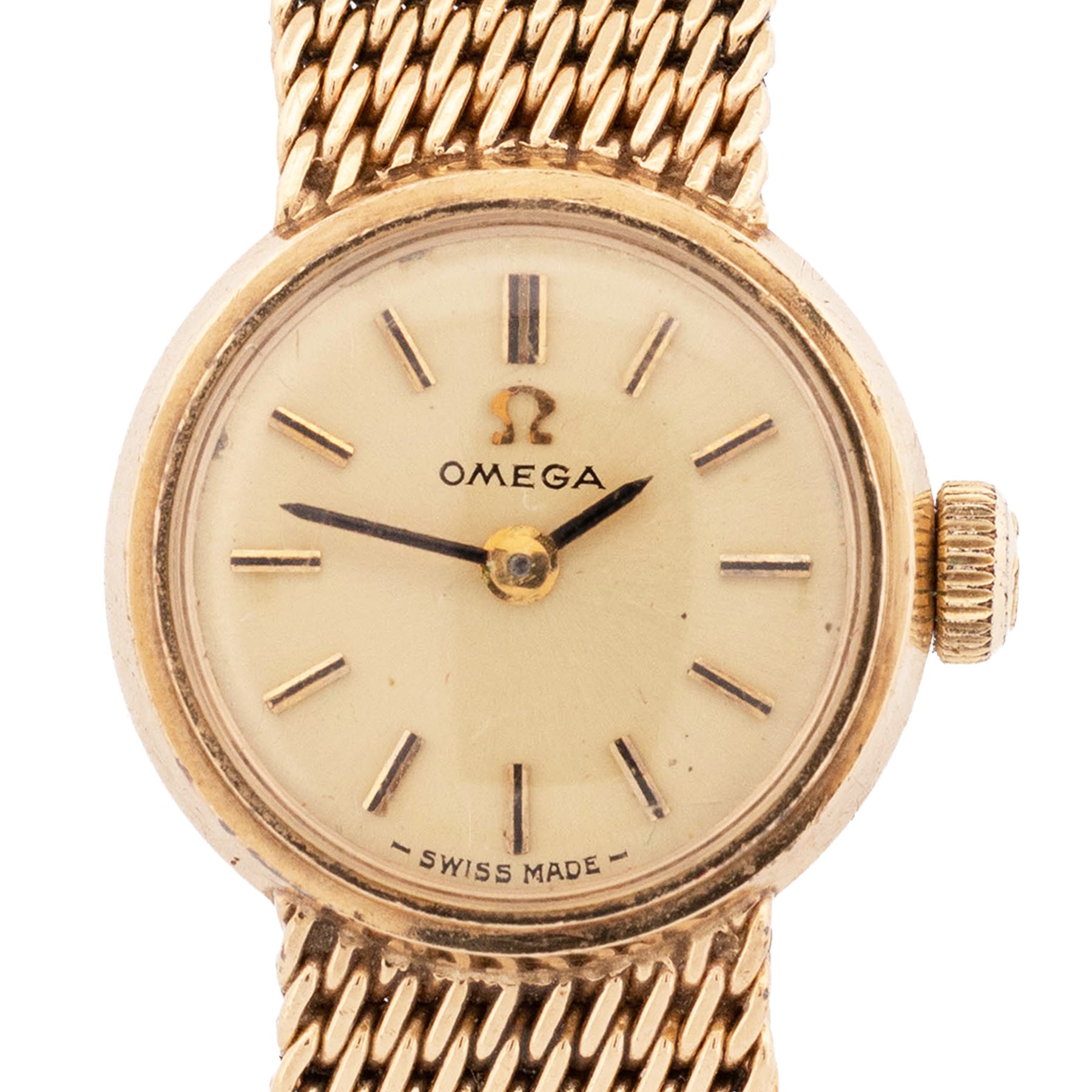 Omega ladies 9ct gold manual wind wristwatch, Cal. 244, white / cream dial with dagger and Arabic hour markers, case by Dennison, Birmingham 1958
