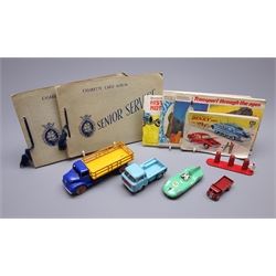  Dinky - Leyland Comet Lorry with Stake Body No.417, Connaught Racing Car No.236 and No.4 Catalogue, Corgi Jeep FC-150 No.409, Lesney ERF open lorry and petrol pumps and five cigarette/trade card albums  
