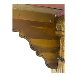 19th century Renaissance Revival carved and giltwood centre table, the rectangular top with gadrooned edge and carved frieze of repeating arched motifs with stylised scrolls, supported by a pair of carved winged griffin supports restrained by a central chained figure, on stepped rectangular bases united by carved stretcher