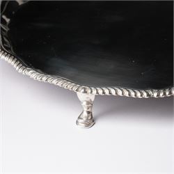 Silver circular salver with gadrooned border on shaped supports D25cm London 1968 Maker Edward Barnard & Sons Ltd