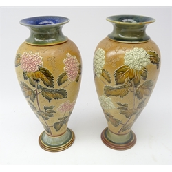  Matched pair of Royal Doulton Slaters Patent vases, baluster form decorated in relief with flowers on lace effect ground in pink and cream colourway, signed E.P for Emily Partington and L.B H28cm   