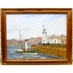 Colin Russell (British 1932-2009): Fishing Boats returning to Whitby Harbour, oil on canvas signed 44cm x 60cm; Roy (Royston) Buckley (British 20th century): 'Scarborough Pierhead 1890', acrylic on board signed 46cm x 62cm (2)