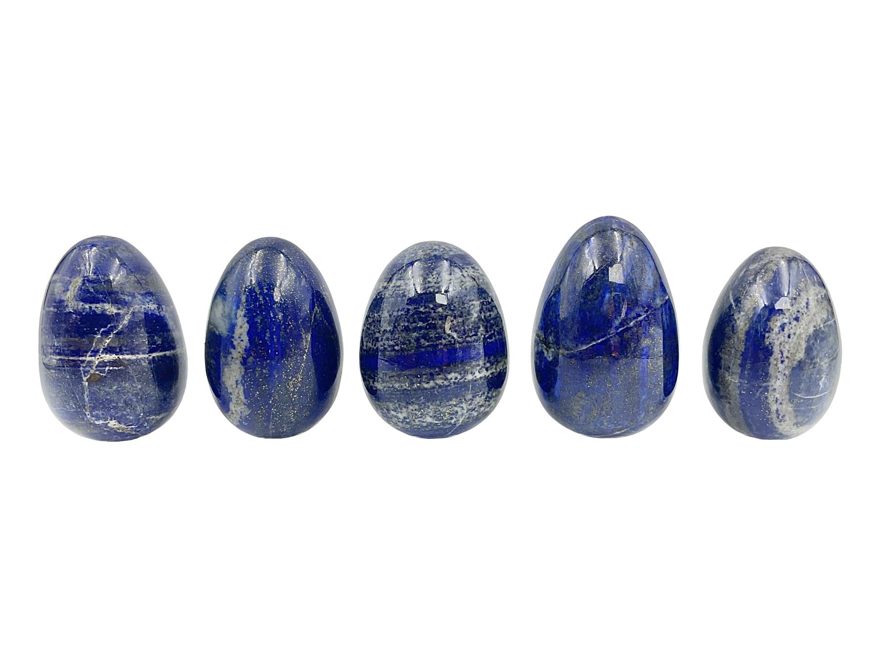 Collection of five Lapis lazuli specimen eggs, largest egg H7cm