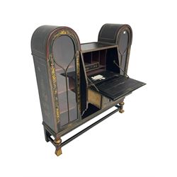 Early 20th century black lacquered and Chinoiserie decorated bureau bookcase, central fall front bureau with fitted interior flanked by arched bookcases enclosed by astragal glazed doors, decorated with traditional landscape and figural scenes