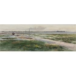 Frank Watson Wood Jnr. (Scottish 1900-1985): The Causeway Lindisfarne, watercolour signed, Aitken Dott & Son Edinburgh label verso 17cm x 47cm 
Provenance: private collection, purchased Tennants 20th September 2014 Lot 1045