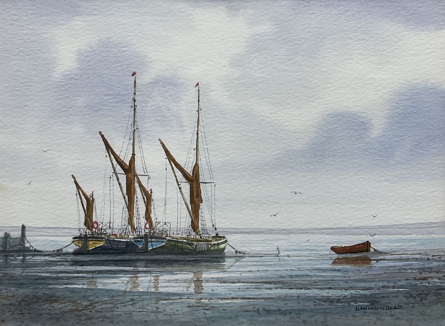 Alan Whitehead (British 1952-): Sailing Vessels at Anchor, pair watercolours signed 15cm x 20cm (2)