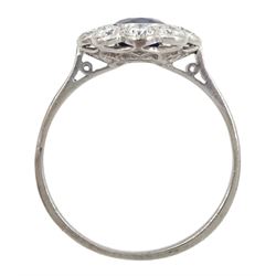 Palladium and platinum milgrain set oval sapphire and diamond cluster ring, sapphire approx 1.35 carat, total diamond weight approx 0.55 carat