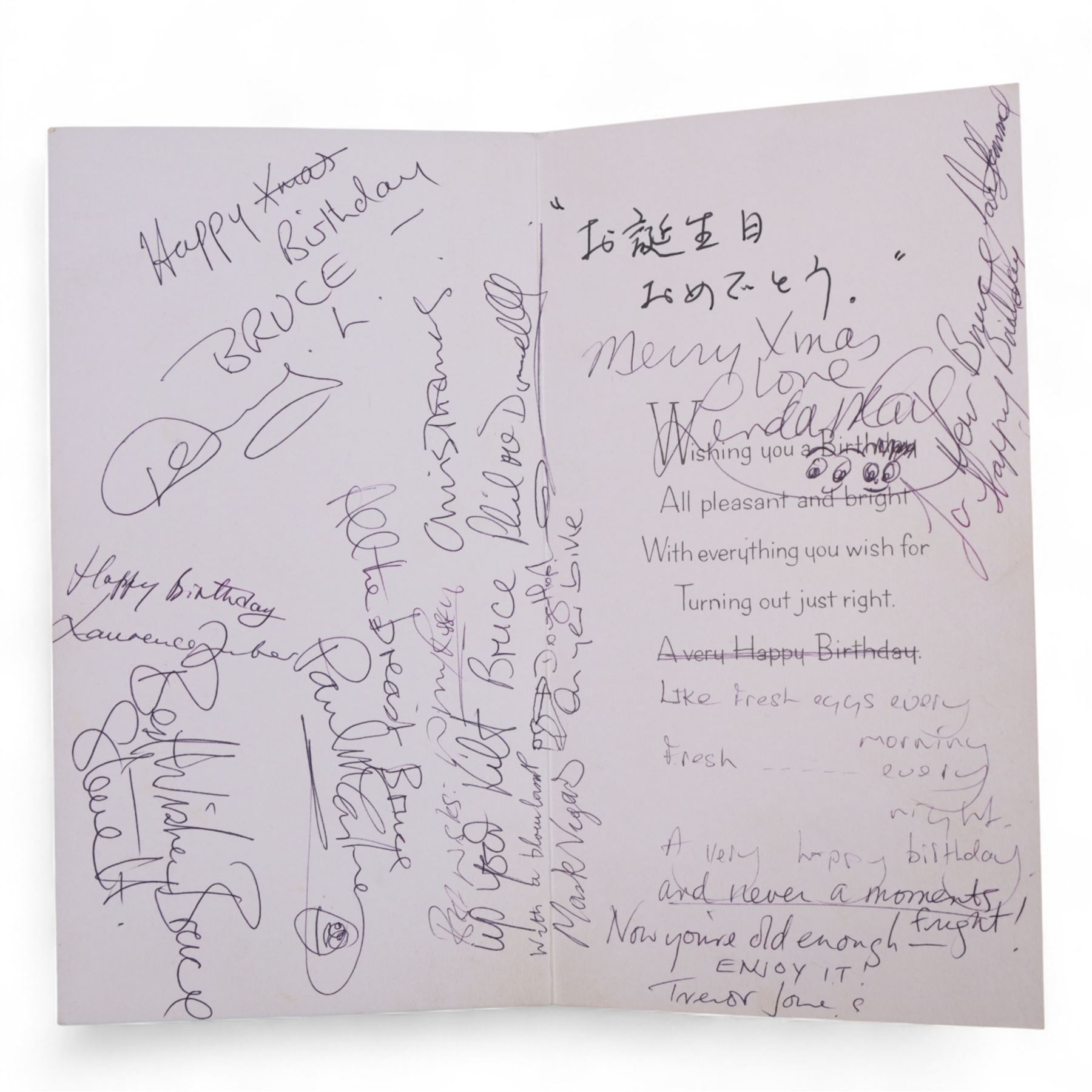 Wings at the Speed of Sound, signed vinyl, Christmas card and birthday card, the vinyl with multiple signatures, including Paul McCartney, Linda McCartney, Denny Laine, Trevor Jones and Laurence Juber, the Birthday card depicting motorbike with a note to the front written in pen reading  'Bruce McKenna 18th July 1978 16yrs', signed to the interior with personal messages including 'All the breast Bruce, Paul McCartney', 'Happy Xmas (with cross through), Happy birthday Bruce Denny Laine', 'Merry Xmas Love Linda McCartney', 'Happy birthday, Laurence Juber', etc, the christmas card showing the five band members dressed as Santa Clause, with one unidentified signature inside

Notes: the vendors lived in Canada in the early 1980s and rented out their house on their return to England. The couple who rented the house had just sold a hotel in Vancouver in which Wings had stayed, and they left the record and cards behind.