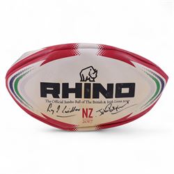 Three signed rugby balls, including 2017 Lions Tour Rhino Jumbo ball, signed by eight players, including Greig Laidlaw, Rugby world cup 2003 example and a 2001 British Lions example