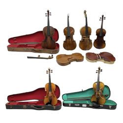 French violin for restoration with 36cm two-piece maple back and ribs and spruce top, bears label 'Lutherie Artistique M. Couturieux'; in wooden case; two modern three-quarter size violins in cases; and five violins for spares or repair
