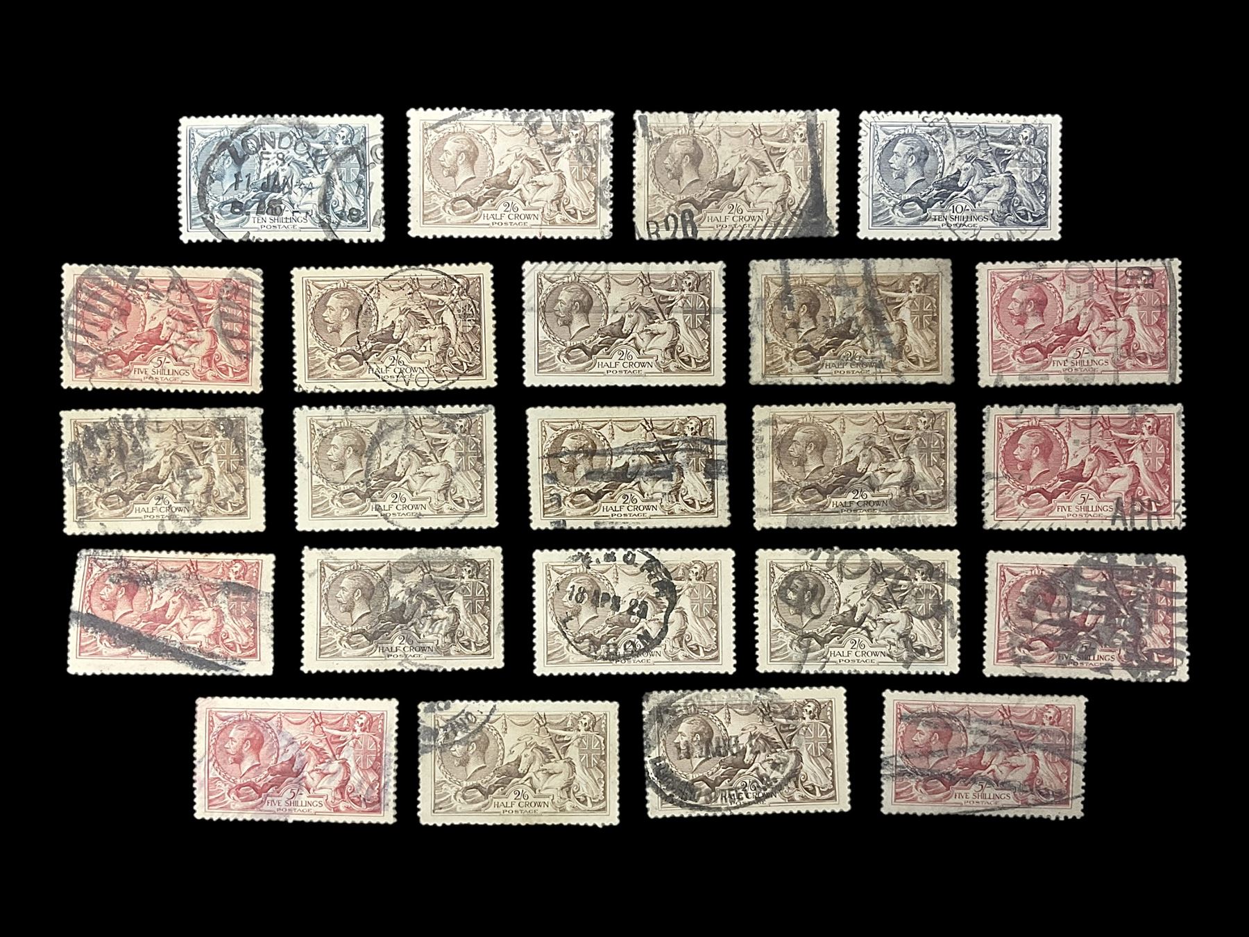 Great Britain King George V seahorse stamps, comprising fourteen half crown, seven five shillings and two ten shillings, all used, all previously mounted