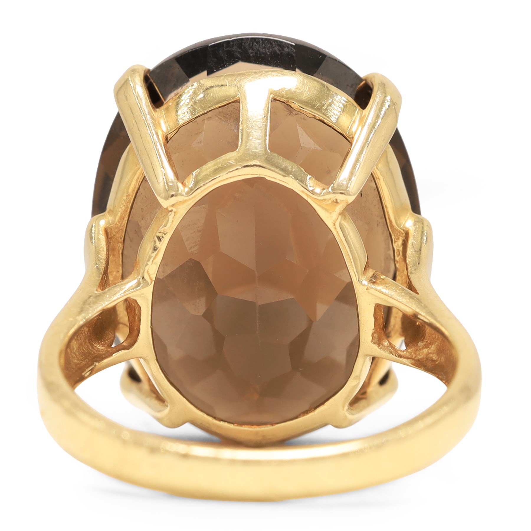 14ct gold smokey quartz ring, four claw set with a single oval cut quartz, stamped