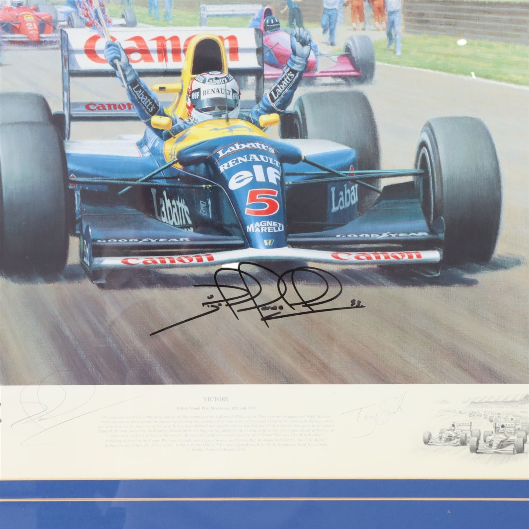 Signed limited edition Nigel Mansell print 'Victory', signed by Nigel Mansell and artist Tony Smith, framed, frame H64cm, W80cm
