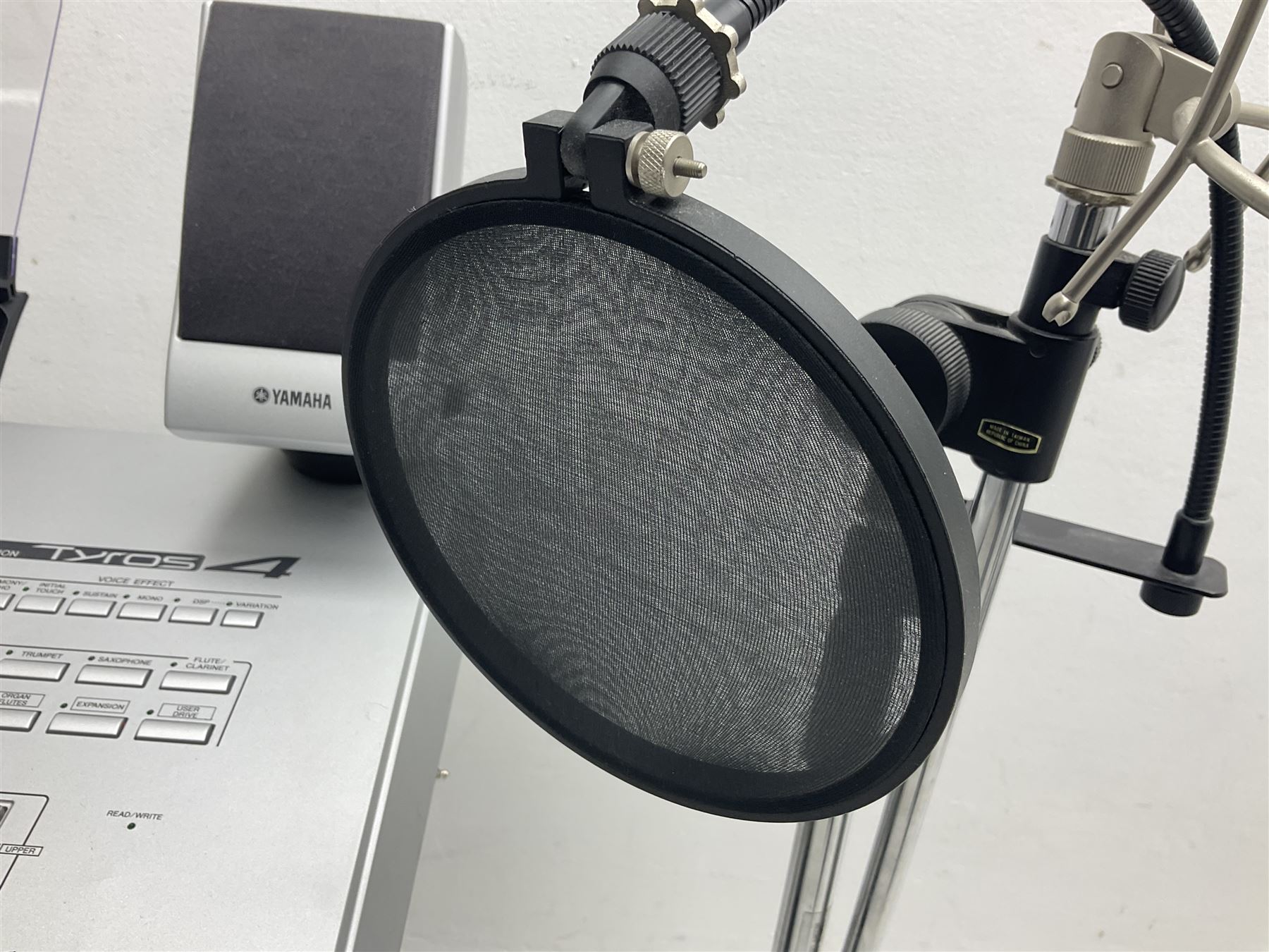 Yamaha Tyros 4 Digital Workstation keyboard with three-piece Option Speaker System TRS-MS04, foot control, various cables and stand; together with a Peavey microphone stand and Shure SM58S microphone