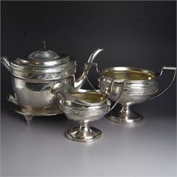 George III Scottish silver four piece silver tea service, comprising teapot, milk jug, twi...
