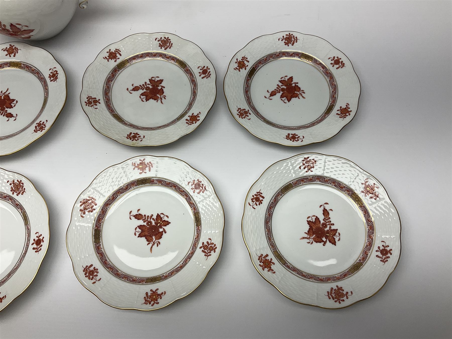 Herend Chinese Bouquet Rose pattern tea service comprising teapot, coffee pot, open sucrier, six cups and saucers, six tea plates, cream jug and stand, milk jug, two teabag holders, preserve pot, two leaf shaped dishes, four egg cups, salt & pepper pots, pair side plates and another plate